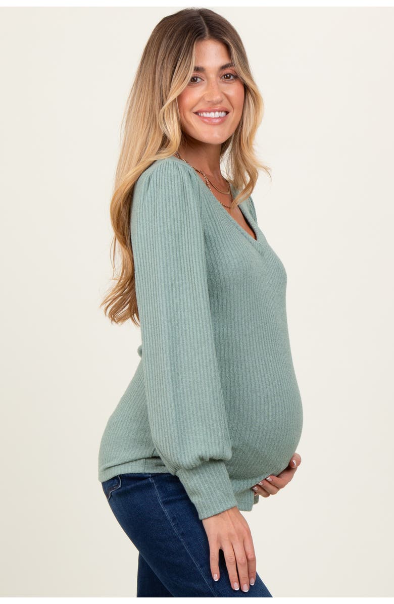 PinkBlush Ribbed Knit V-Neck Button Cuff Top, Alternate, color, Light Olive