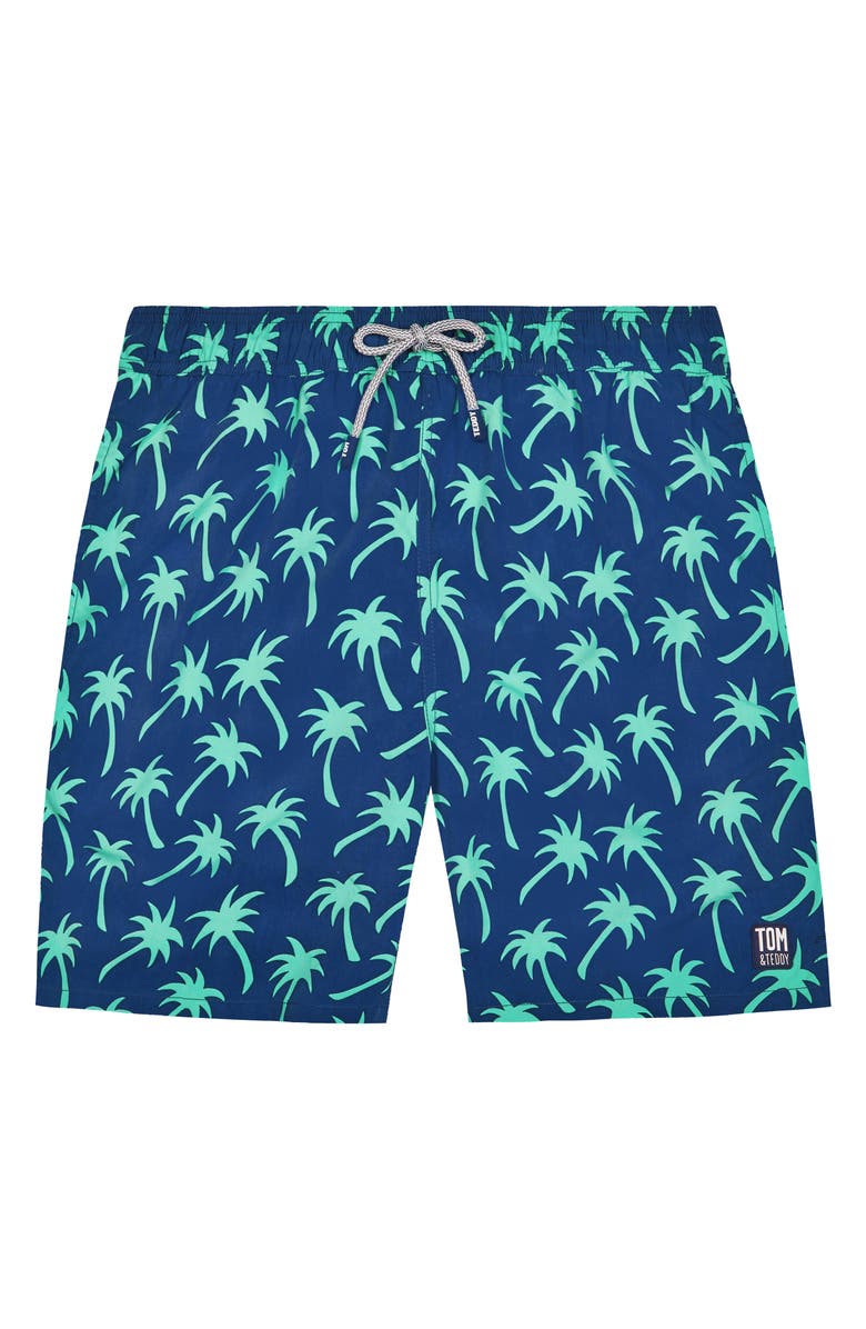 Tom & Teddy Palm Tree Print Swim Trunks, Alternate, color, Navy/ Spring Green