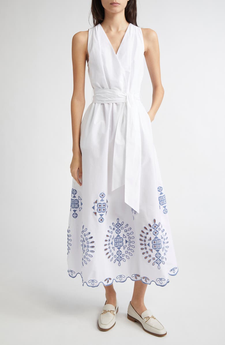 Eleventy Embroidered Stretch Poplin Faux Wrap Dress, Main, color,