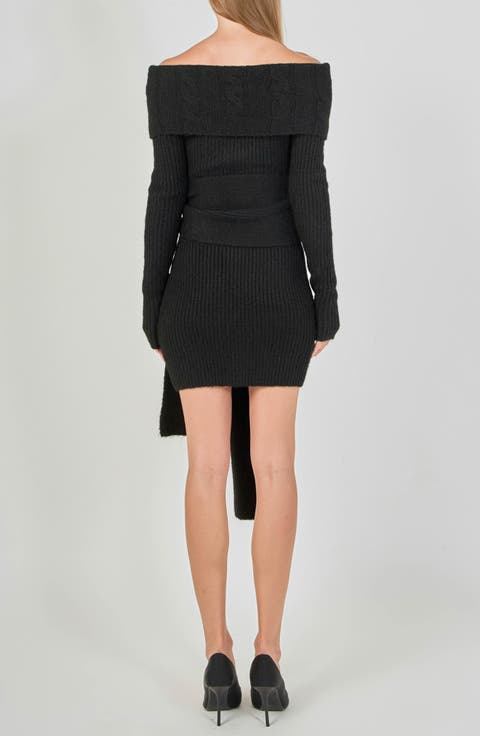 Off the Shoulder Long Sleeve Cable Stitch Sweater Dress with Tie