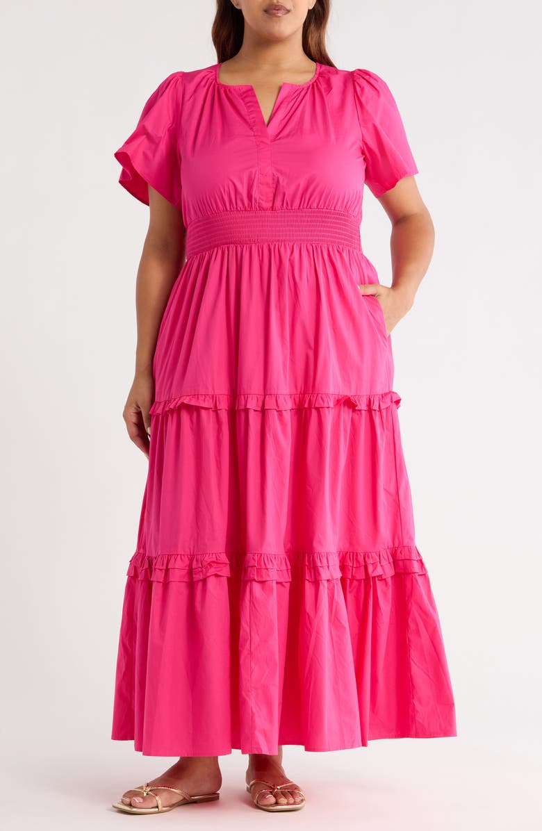 SUGARLIPS Fabia Palmer Cotton Poplin Tiered Maxi Dress, Main, color, Hot Pink