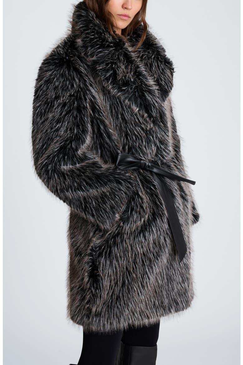 Belted Faux Fur Midi Coat, Alternate, color, BLACK MULTI