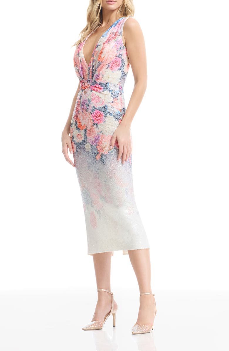 Dress the Population Gretchen Sequin Floral Cocktail Midi Dress, Alternate, color, White Multi