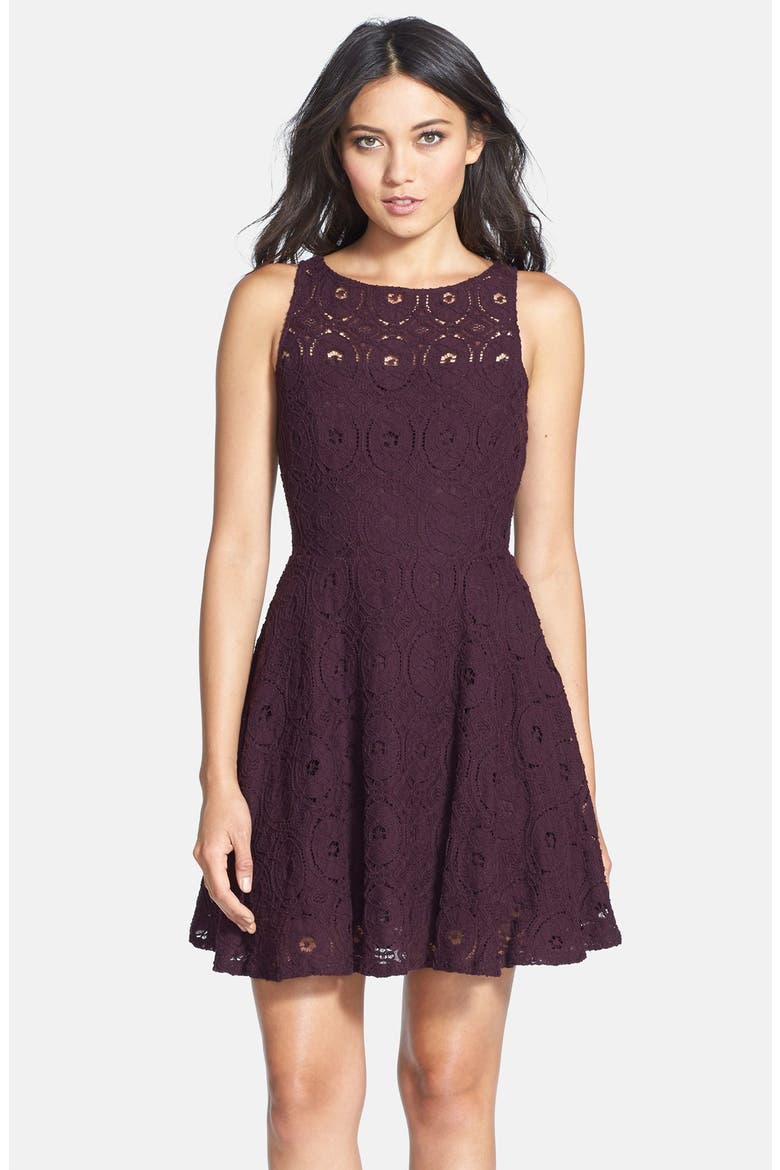 BB Dakota Renley Lace Fit & Flare Minidress (Nordstrom Exclusive), Main, color, AUBERGINE