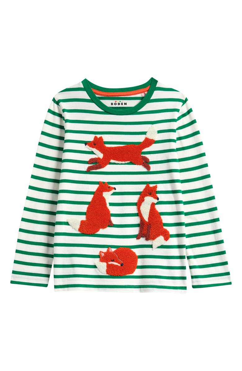 Mini Boden Kids' Stripe Bouclé Fox Long Sleeve T-Shirt, Main, color, Rich Emerald Stripe Foxes