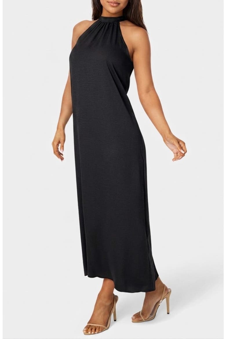 Crushed Satin Mock Neck Maxi Dress, Alternate, color, BLACK