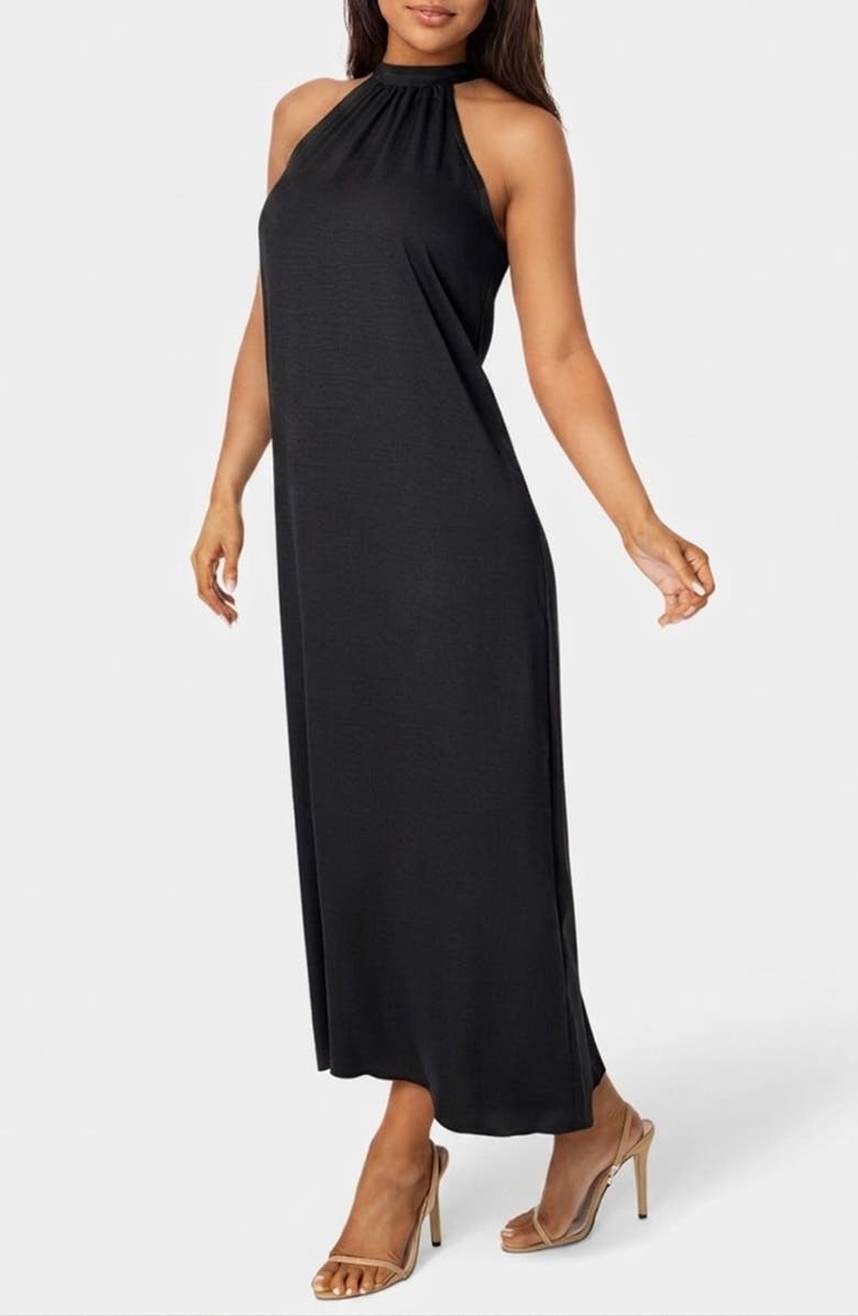 bebe Crushed Satin Mock Neck Maxi Dress, Alternate, color,