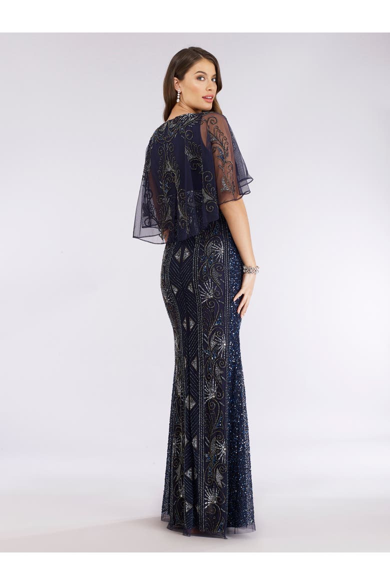 Cape Sleeve Beaded Gown, Alternate, color, Navy