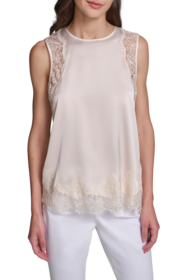 Eyelash Lace Trim Satin Tank, Main, color, BISQUE