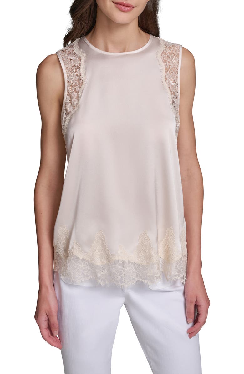 KARL LAGERFELD PARIS Eyelash Lace Trim Satin Tank, Main, color,