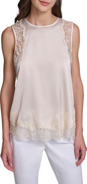 KARL LAGERFELD PARIS Eyelash Lace Trim Satin Tank