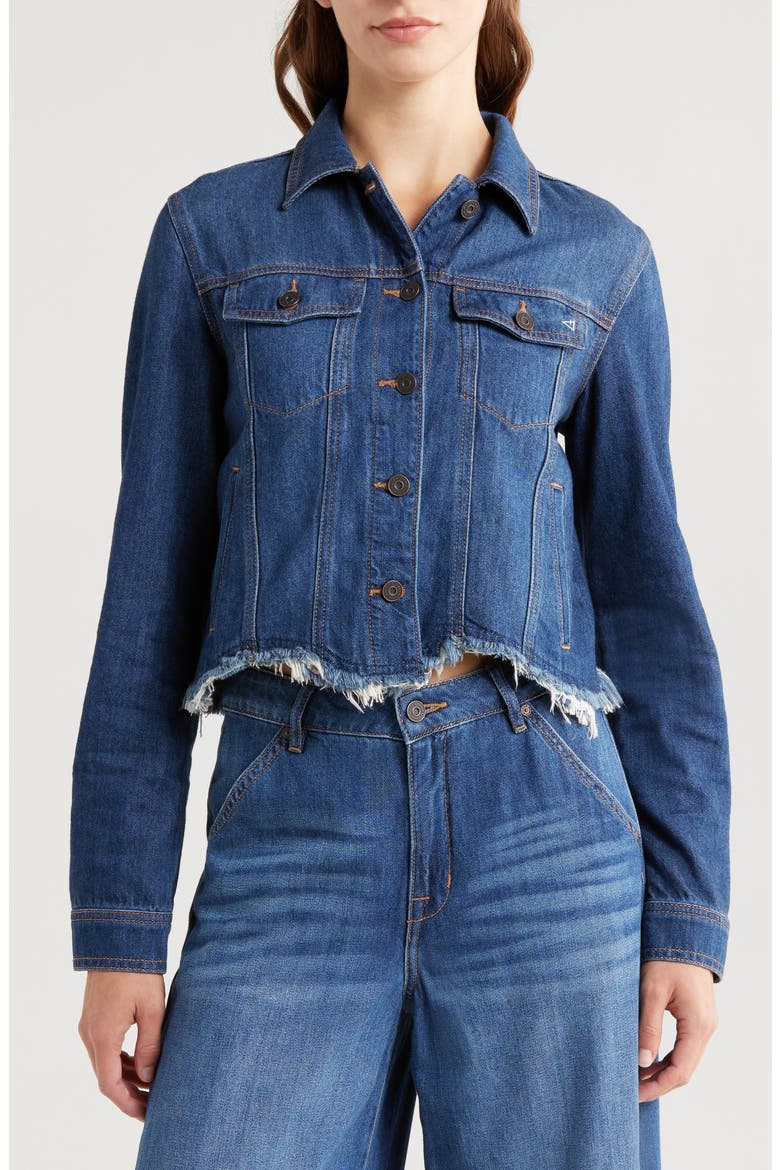Frayed Denim Crop Jacket, Alternate, color, DARK WASH