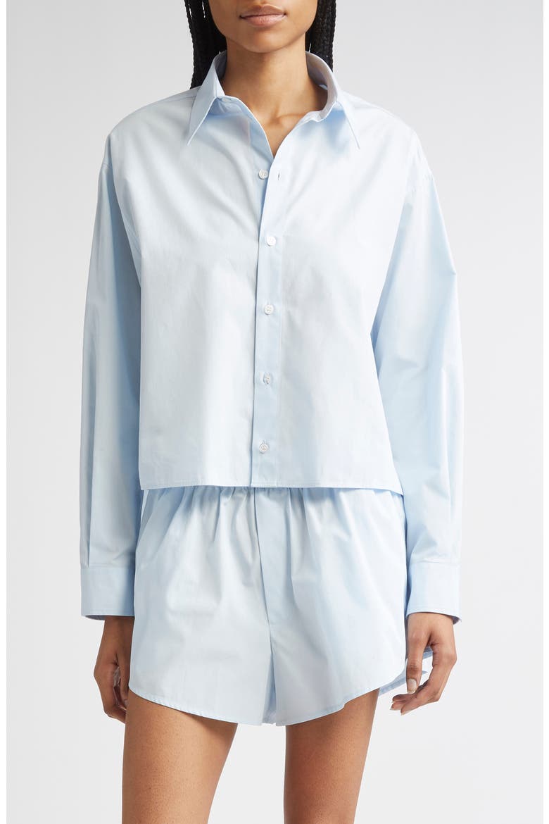 Raw Edge Panel High-Low Cotton Poplin Button-Up Shirt, Main, color, LIGHT BLUE
