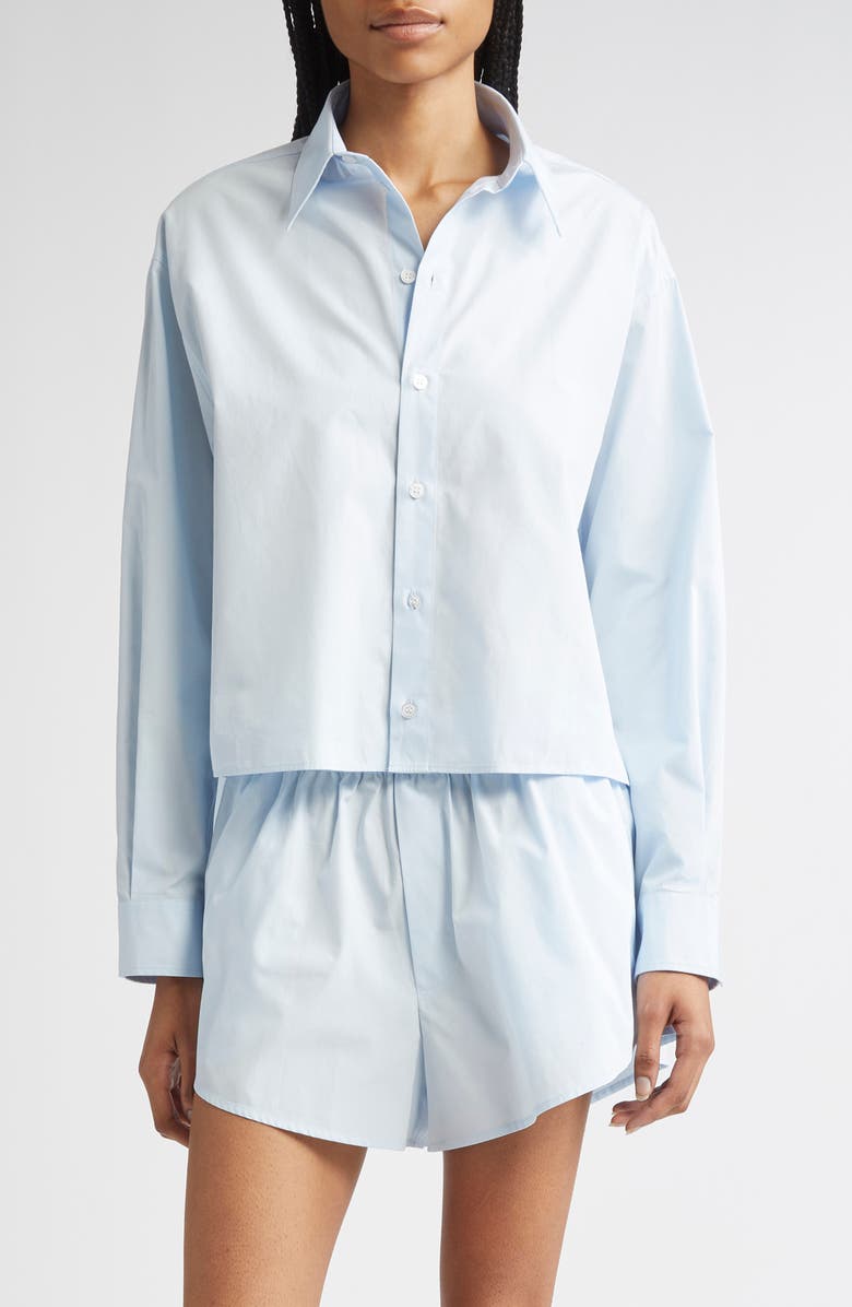 MM6 Maison Margiela Raw Edge Panel High-Low Cotton Poplin Button-Up Shirt, Main, color, Light Blue