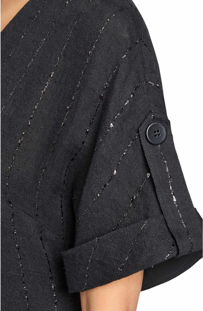 Santorelli SERAFINA Short Sleeve Midi Shift Dress with Side Skirt Buttons in Metallic Striped Linen, Alternate, color, Black