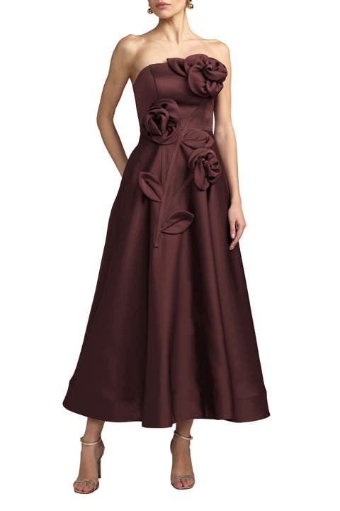 Strapless Satin A-Line Gown With 3D Floral Appliqué