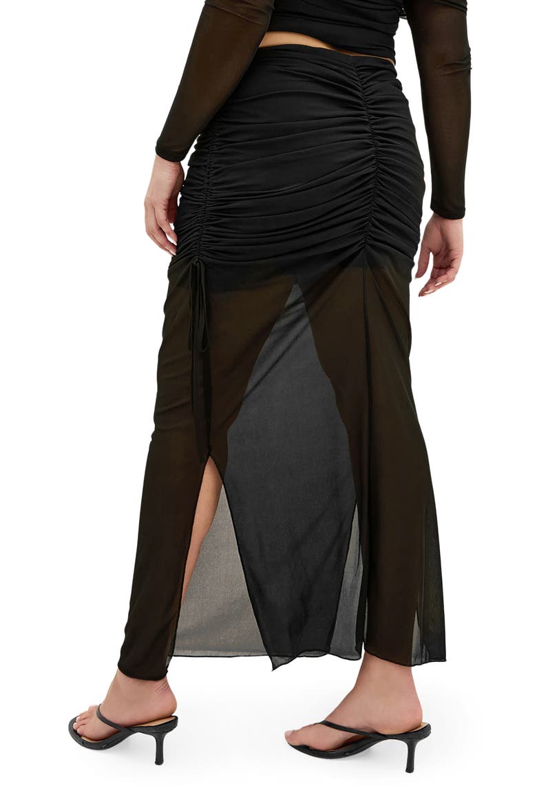 Shelly Ruched Mesh Midi Skirt, Alternate, color, BLACK