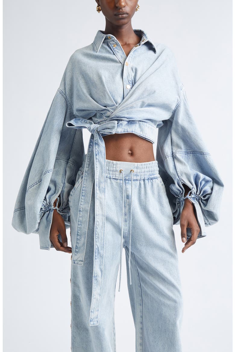 Rebellion Denim Wrap Crop Top, Main, color, CASTAWAY