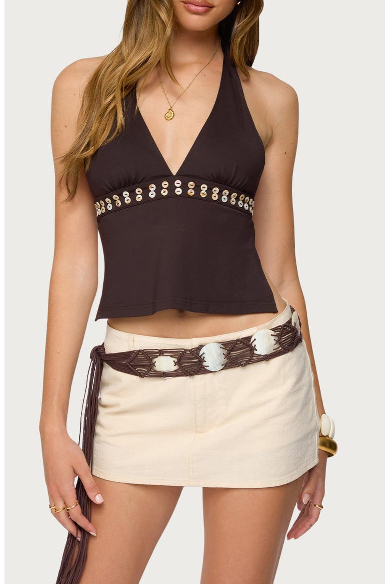 Button Trim Open Back Halter Top, Main, color, BROWN