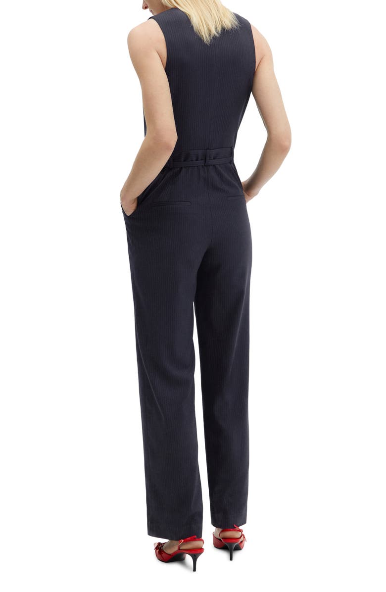MANGO Pinstripe Belted Button Front Jumpsuit, Alternate, color, 