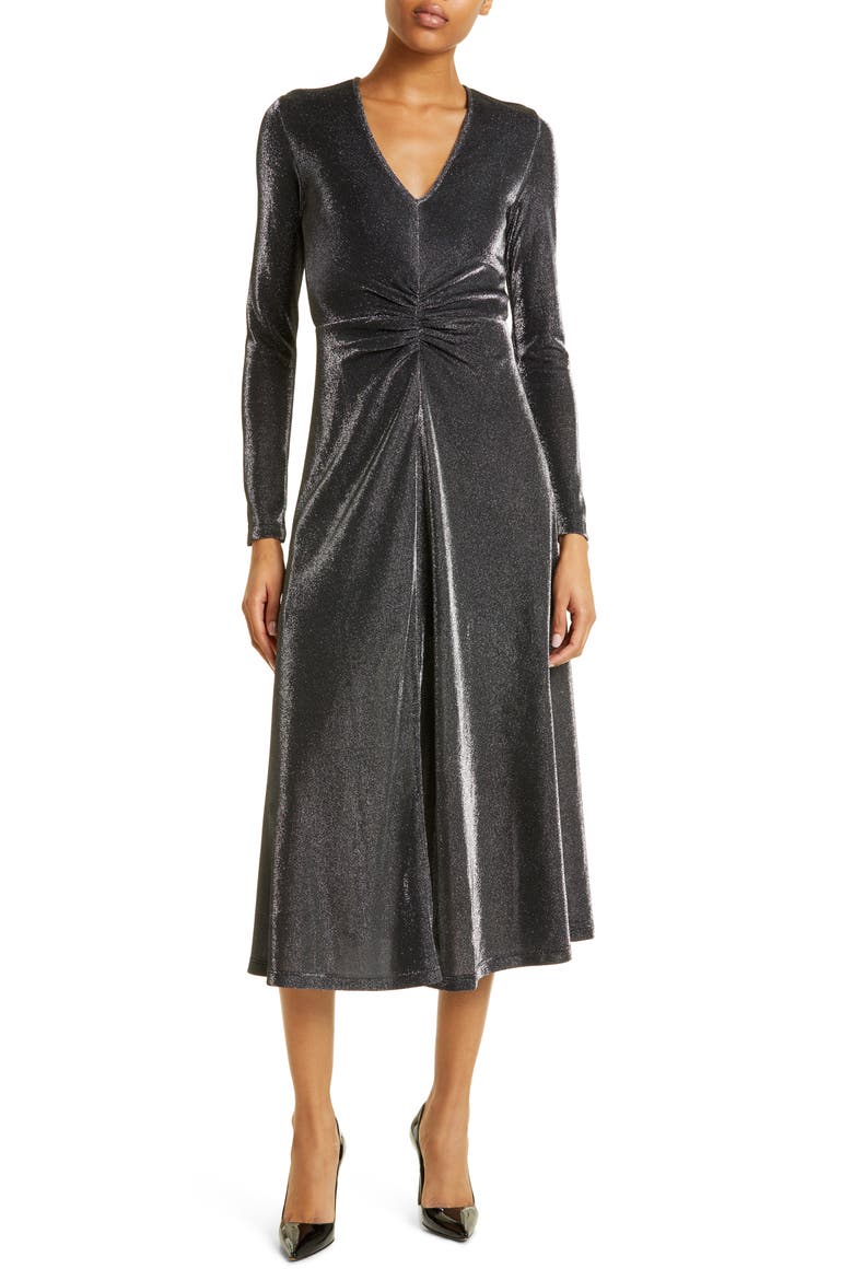 Long Sleeve Metallic Jersey Midi Dress, Main, color, BLACK