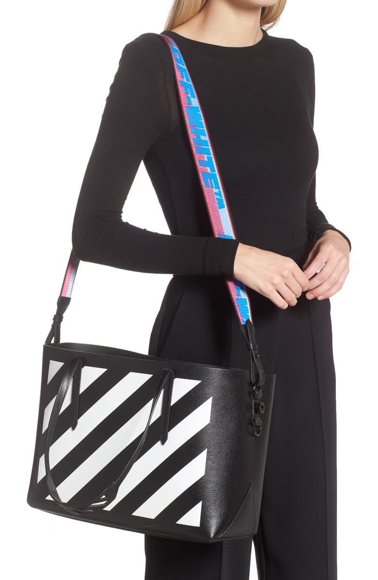 Off-White Binder Clip Diagonal Stripe Leather Shopper, Alternate, color,