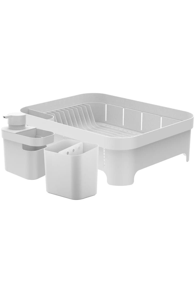 Durable Compact Kitchen Sink Organizer 3 Piece Set, Dish Rack, Cutlery Drainer & Soap Dispenser Caddy with Sponge Holder, Main, color, White