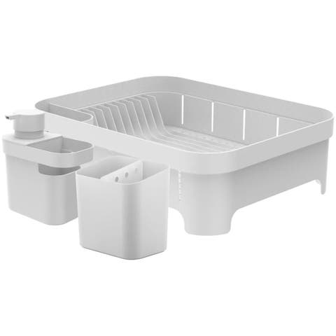 Durable Compact Kitchen Sink Organizer 3 Piece Set, Dish Rack, Cutlery Drainer & Soap Dispenser Caddy with Sponge Holder