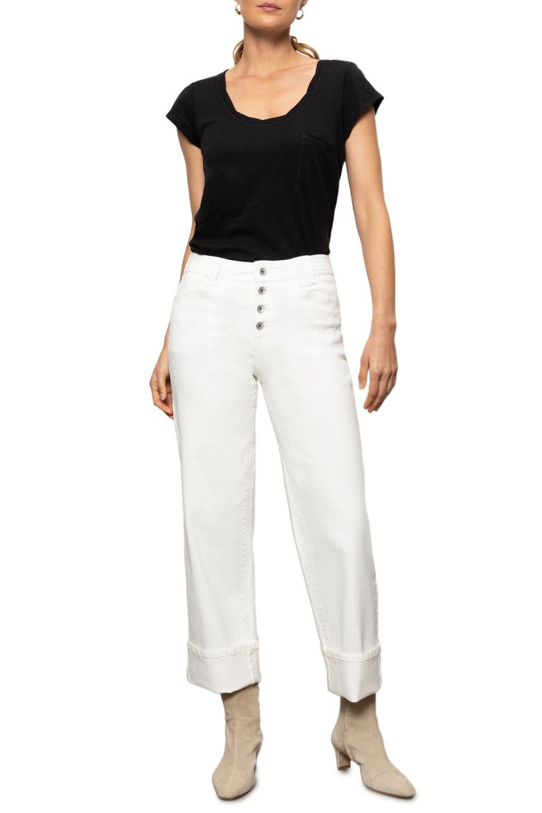 Luna Button Fly High Waist Cuff Straight Leg Jeans, Alternate, color, BLEACHED WHITE
