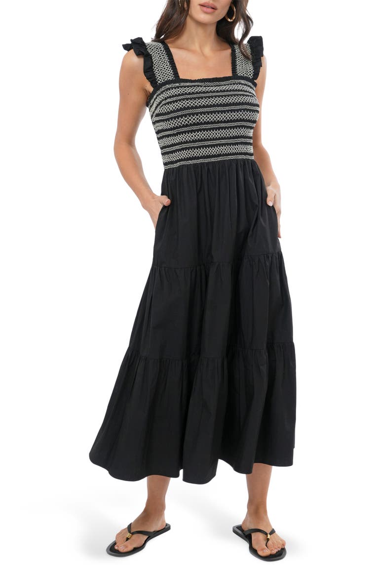 Katie Smocked Midi Sundress, Main, color, BLACK
