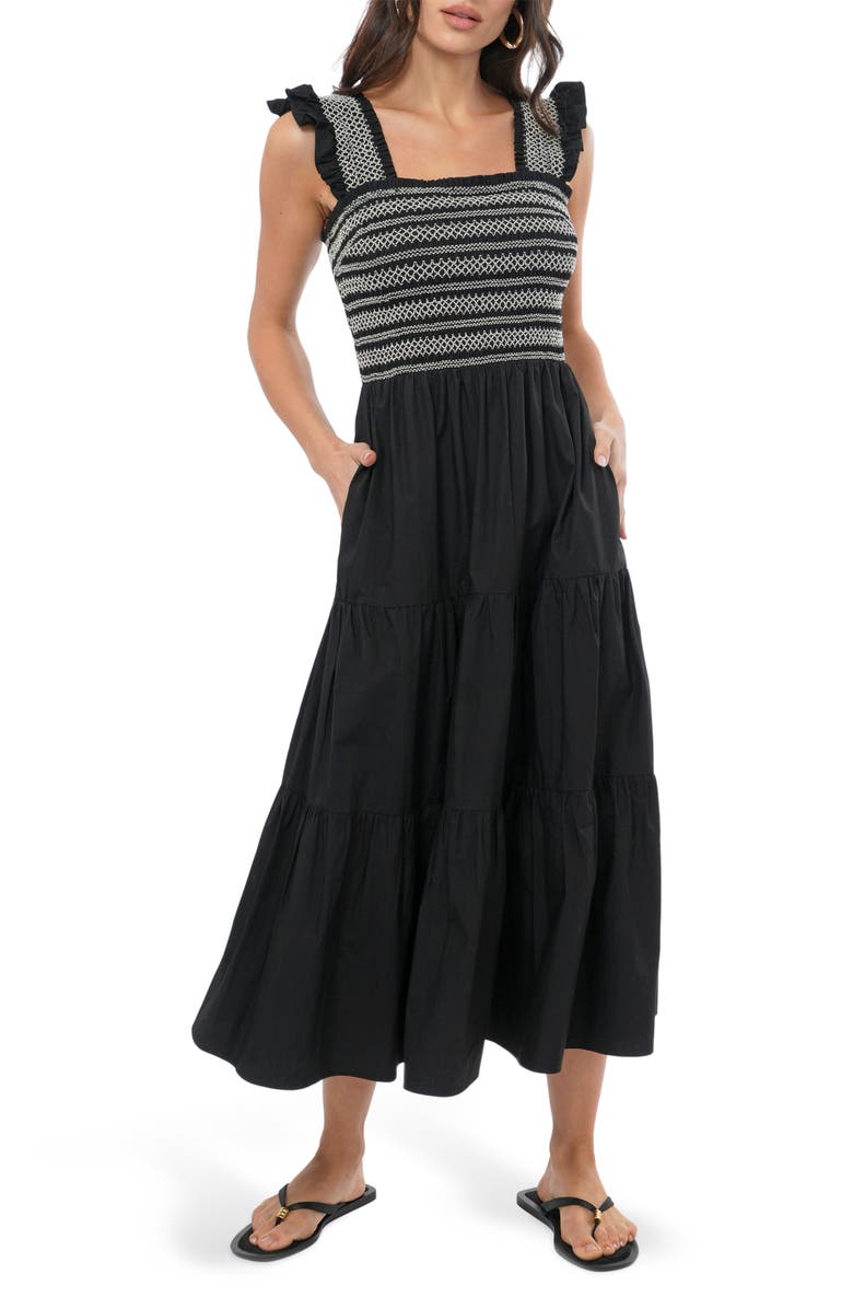 Adelyn Rae Katie Smocked Midi Sundress, Main, color, Black