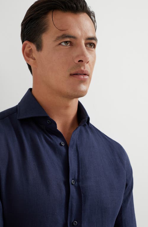 Brunello Cucinelli Men's Linen Easy Fit Shirt With Spread Collar In Navy Blue