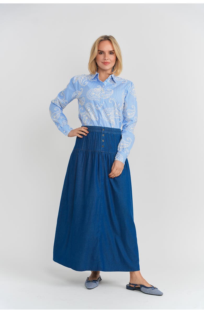 Noni Daily Embroidered Stripe Bubble Sleeve Button Blouse, Alternate, color, Blue/Cream