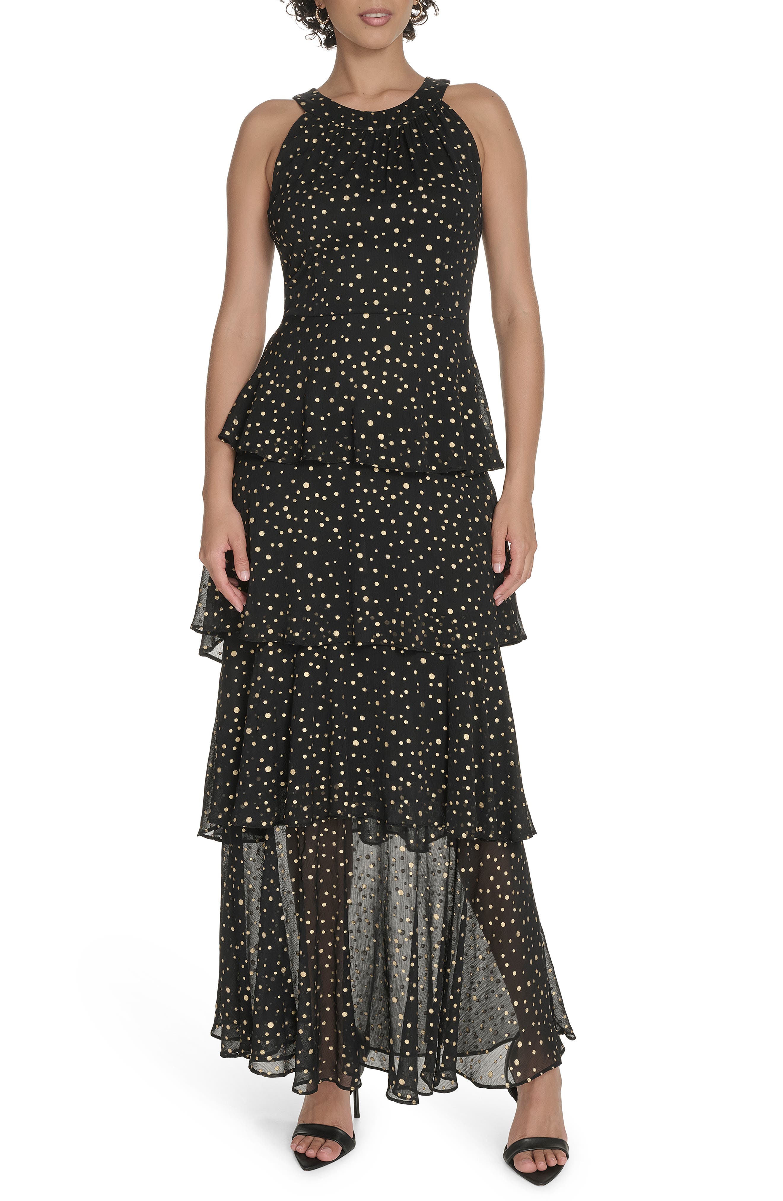 Tommy Hilfiger Metallic Dot Sleeveless Tiered Chiffon Maxi Dress
