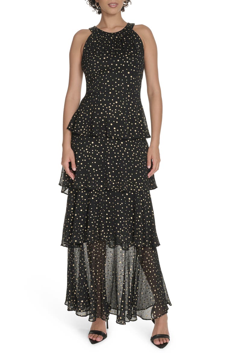 Metallic Dot Sleeveless Tiered Chiffon Maxi Dress, Main, color, BLACK/ GOLD