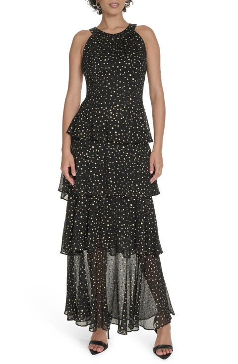 Metallic Dot Sleeveless Tiered Chiffon Maxi Dress