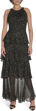 Tommy Hilfiger Metallic Dot Sleeveless Tiered Chiffon Maxi Dress
