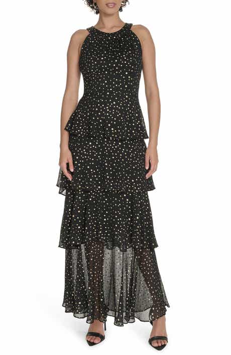 Tommy Hilfiger Metallic Dot Sleeveless Tiered Chiffon Maxi Dress