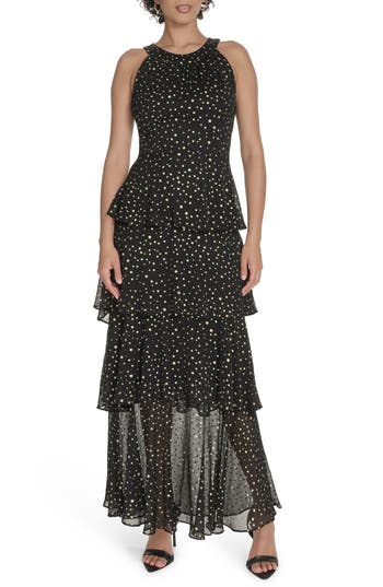 Tommy Hilfiger Metallic Dot Sleeveless Tiered Chiffon Maxi Dress In Black