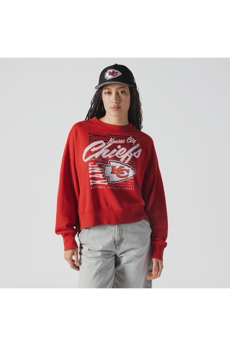 Women's New Era Red Kansas City Chiefs Oversized Throwback Mineral Wash Crew Neck Sweatshirt, Main, color, Red