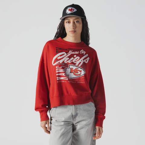 Women's New Era Red Kansas City Chiefs Oversized Throwback Mineral Wash Crew Neck Sweatshirt