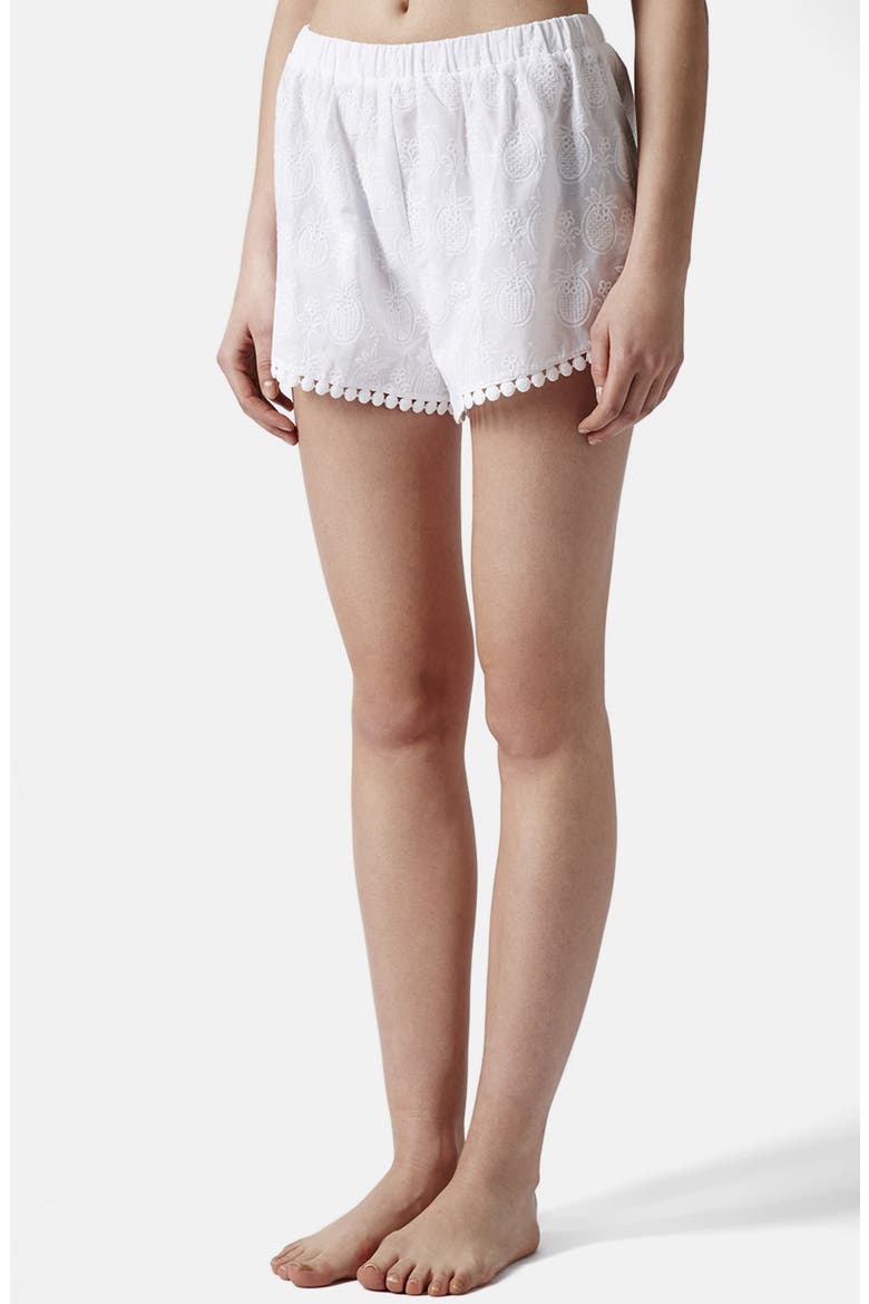 Pineapple Embroidered Cotton Shorts, Main, color, WHITE