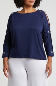 24seven Comfort Apparel Grommet Cold Shoulder Jersey Top