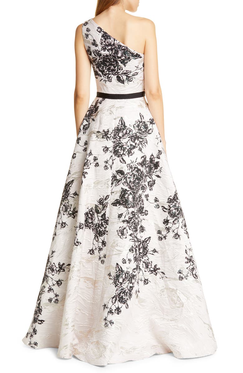 Marchesa Notte One-Shoulder Metallic Floral Ballgown, Alternate, color,