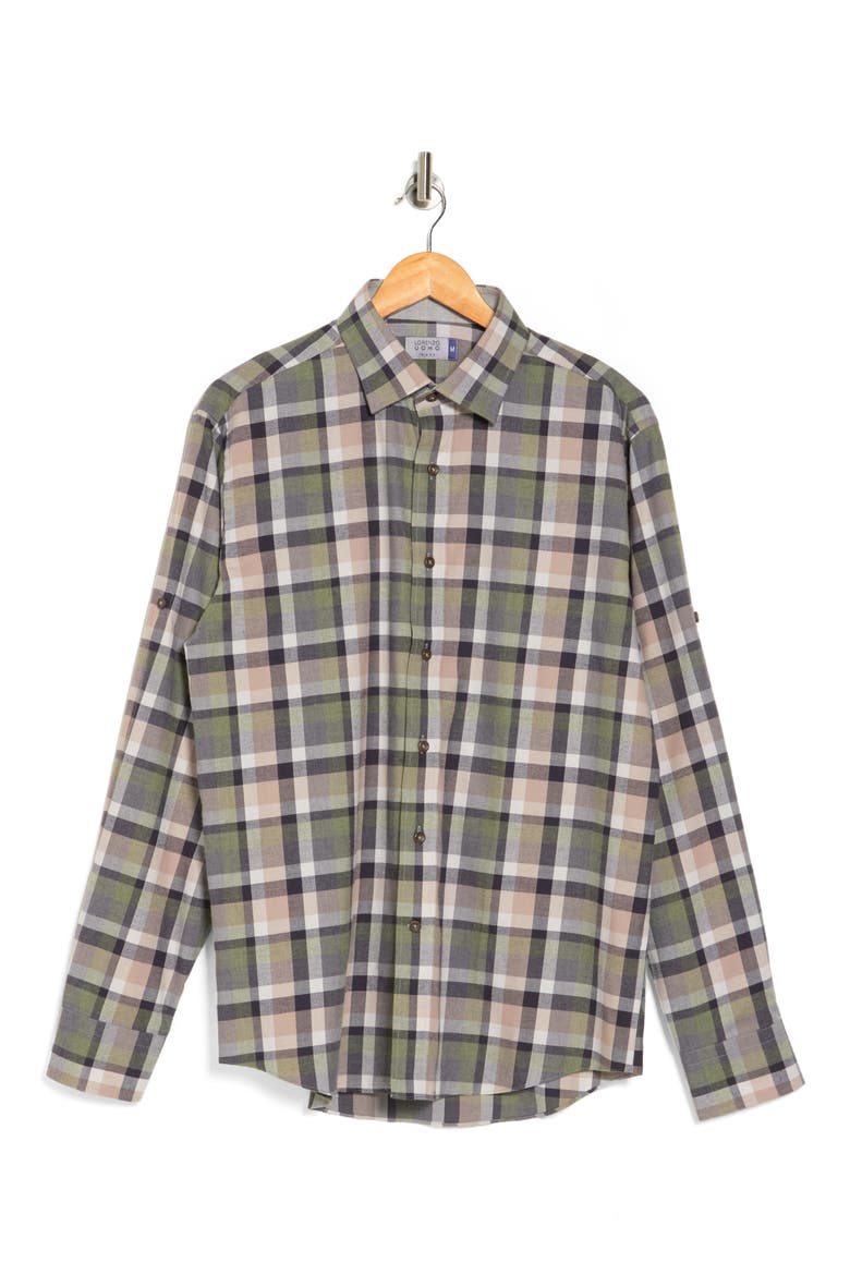 Check Print Trim Fit Long Sleeve Cotton Flannel Button-Up Shirt, Alternate, color, TAN/ HUNTER