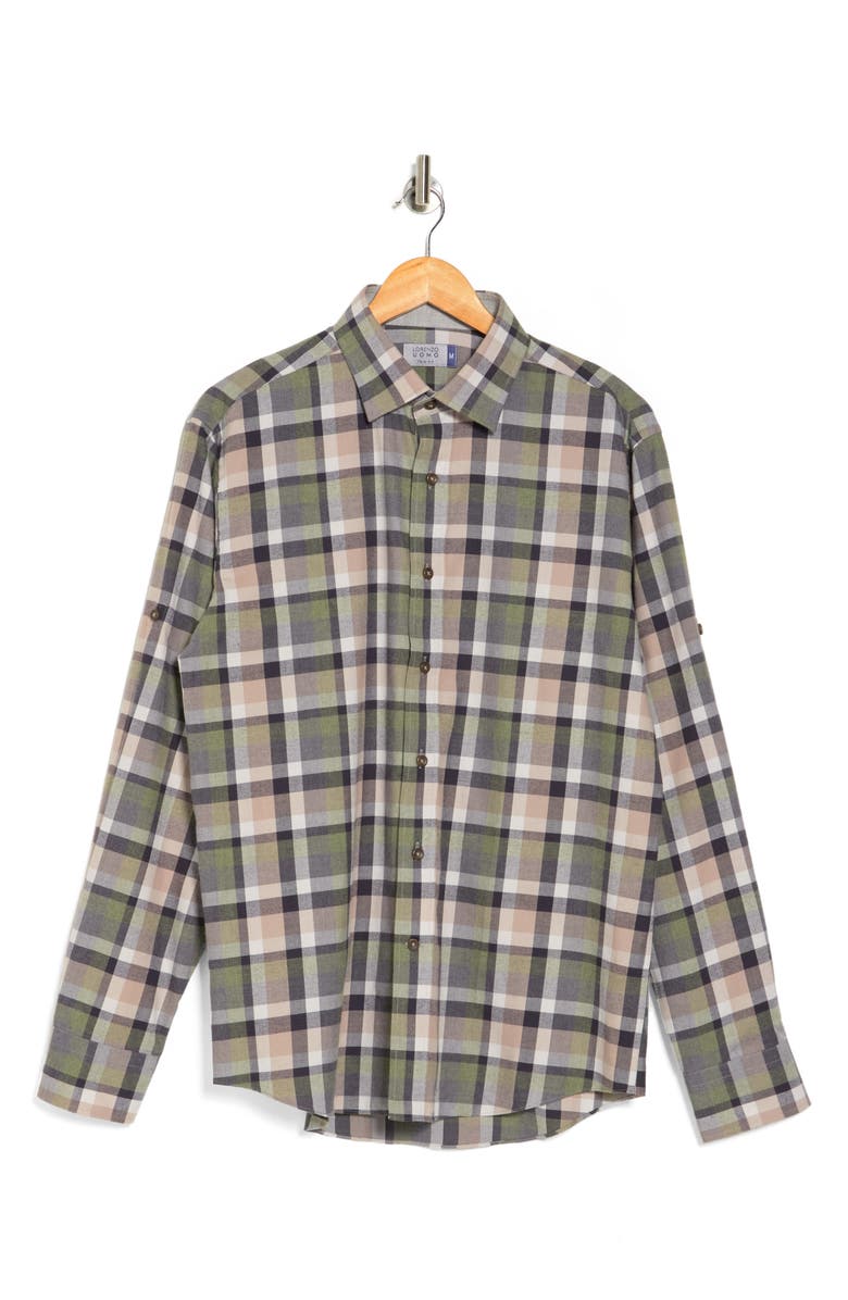 Lorenzo Uomo Check Print Trim Fit Long Sleeve Cotton Flannel Button-Up Shirt, Alternate, color, Tan/ Hunter