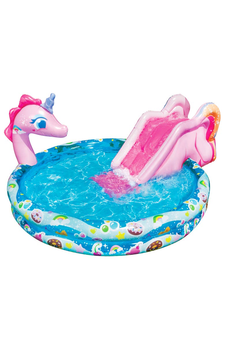 Banzai Spray 'N Splash 78 x 60 x 32" Unicorn Inflatable Pool, Main, color, Multicolored
