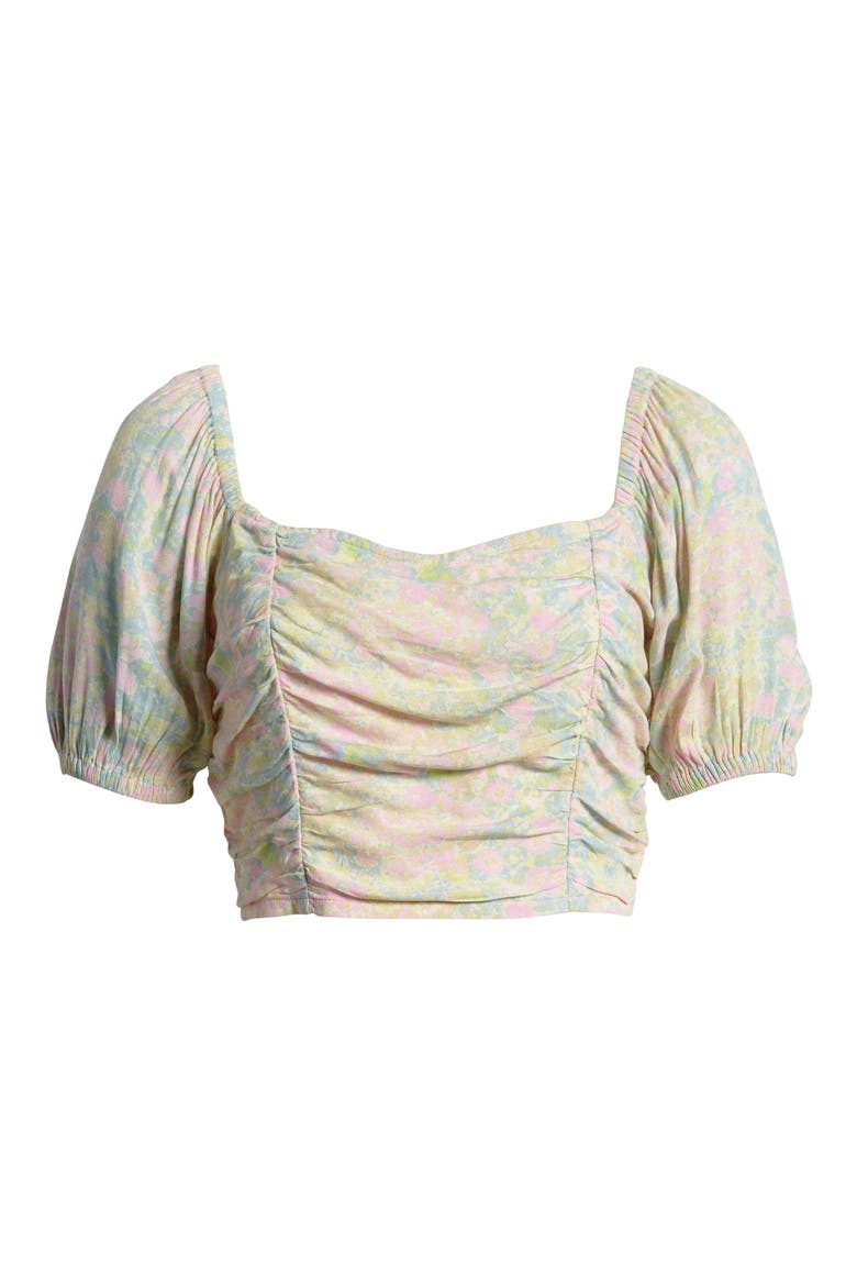 Floral Print Ruched Crop Top, Alternate, color, PINK- BLUE CROSSHATCH MEADOW