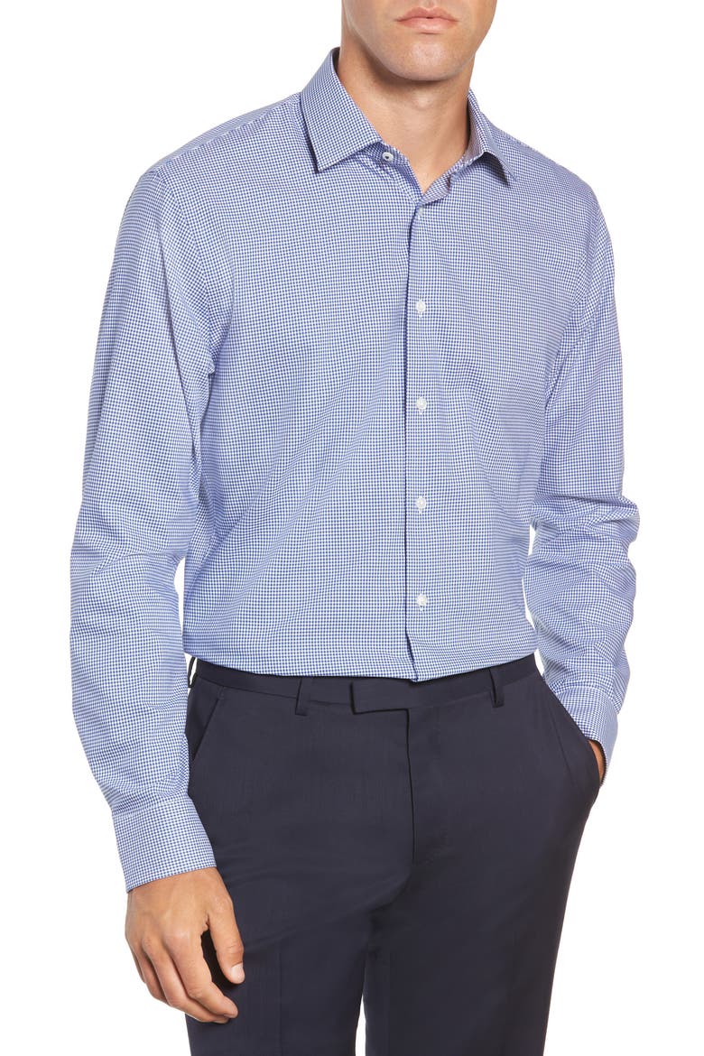 Tech-Smart Trim Fit Stretch Check Dress Shirt, Main, color, BLUE MARINE