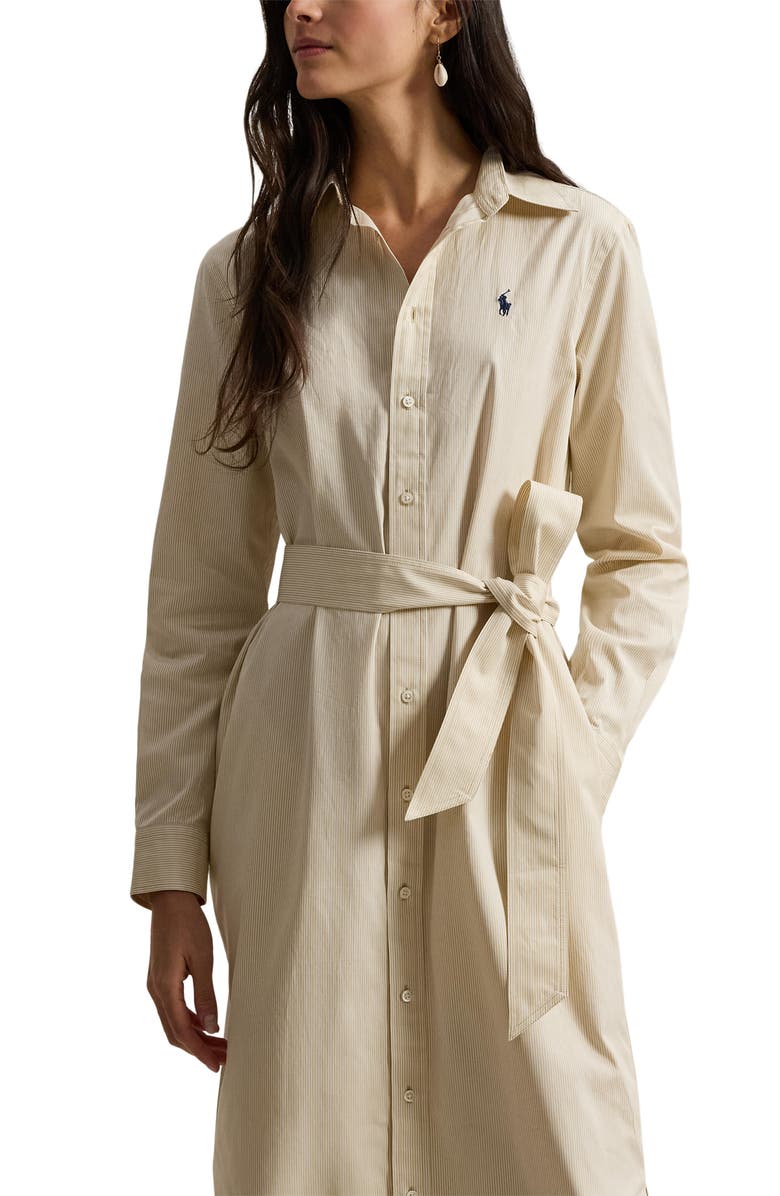 Polo Ralph Lauren Tie Waist Long Sleeve Maxi Shirtdress, Alternate, color, Polo Tan-White